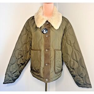 Lucky Brand Large Women's Quitted Jacket Olive Green Sherpa Collar Light Puffer